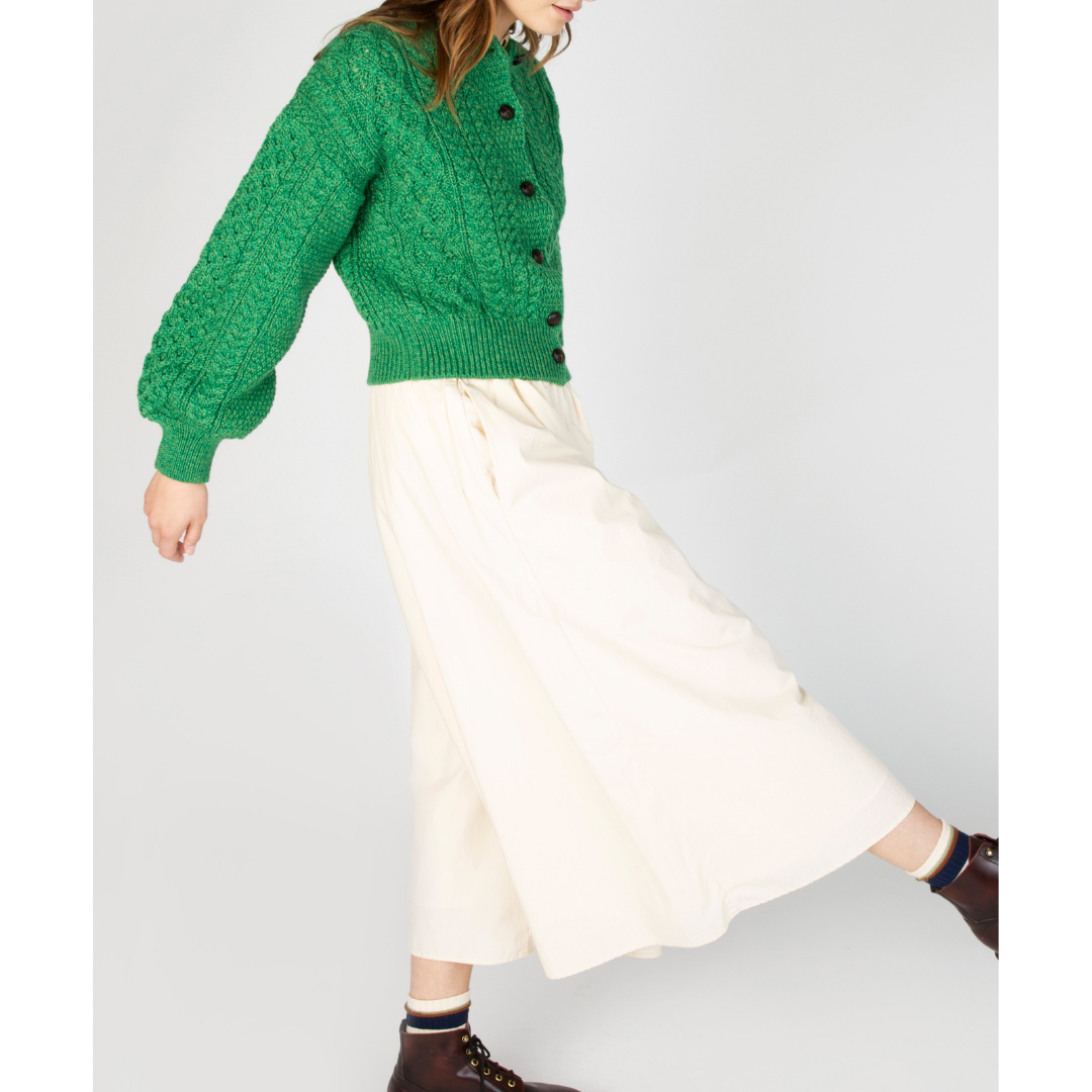 Ladies Aran Cropped Green Cardigan