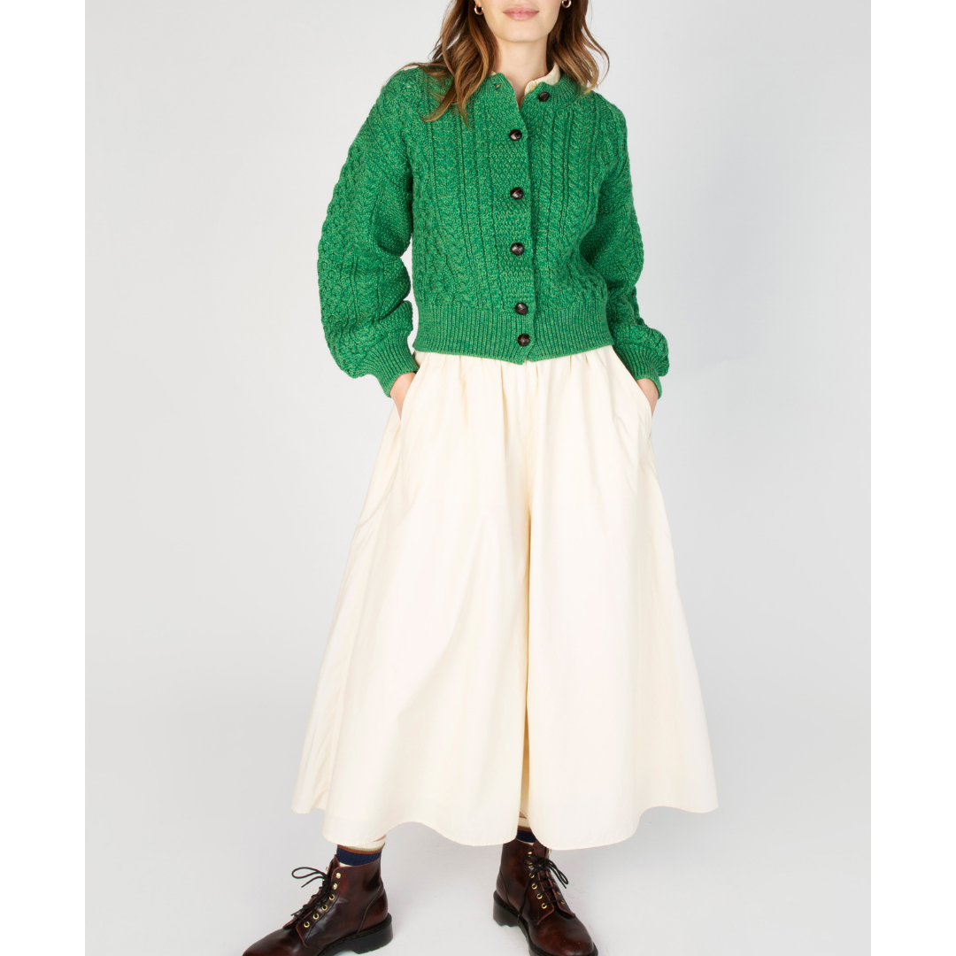Ladies Aran Cropped Green Cardigan