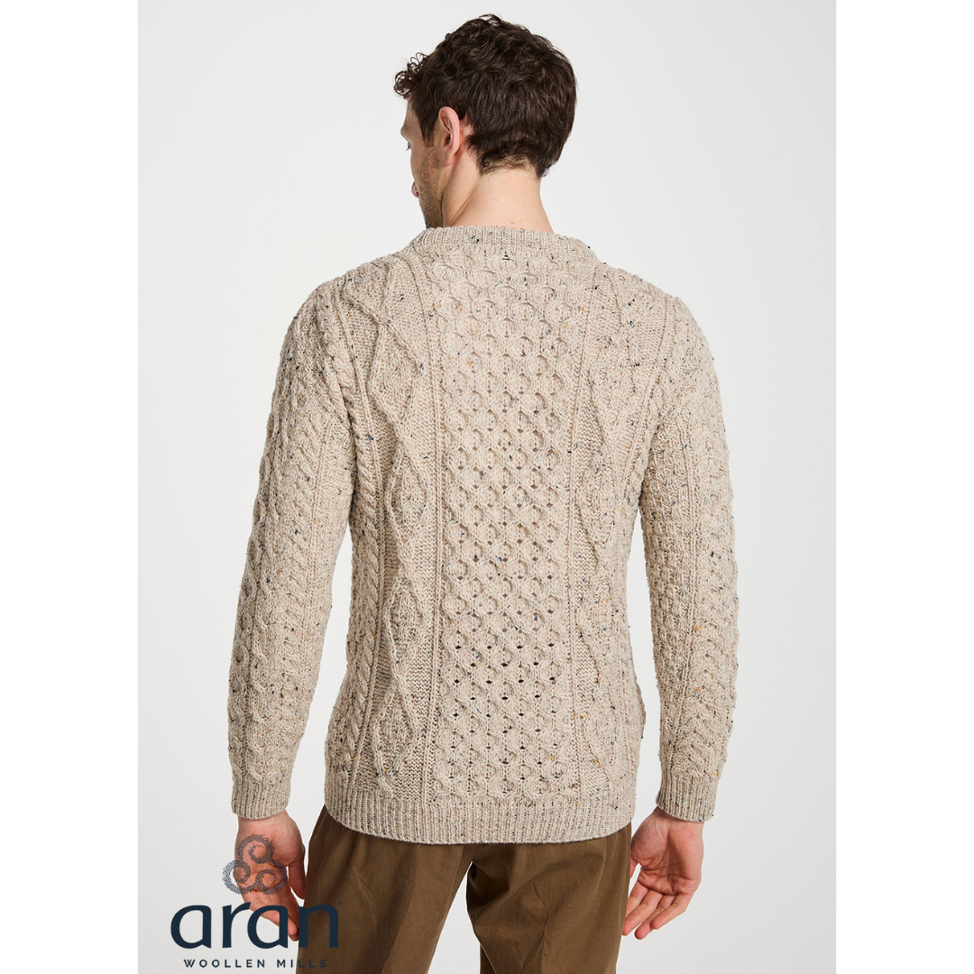 Mens Crewneck Worsted Aran Wool Oatmeal Fleck Jumper