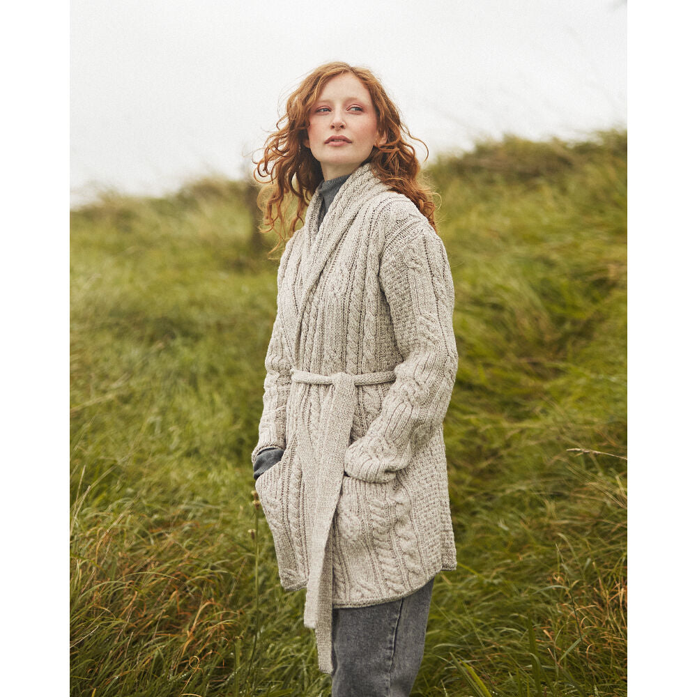 Ladies Aran Shawl Neck Belted Oatmeal Cardigan