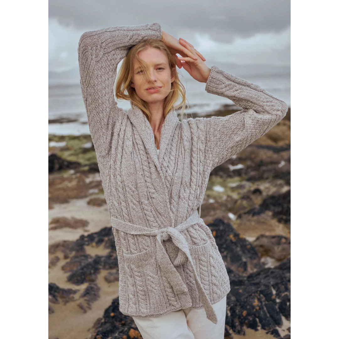 Ladies Aran Shawl Neck Belted Oatmeal Cardigan
