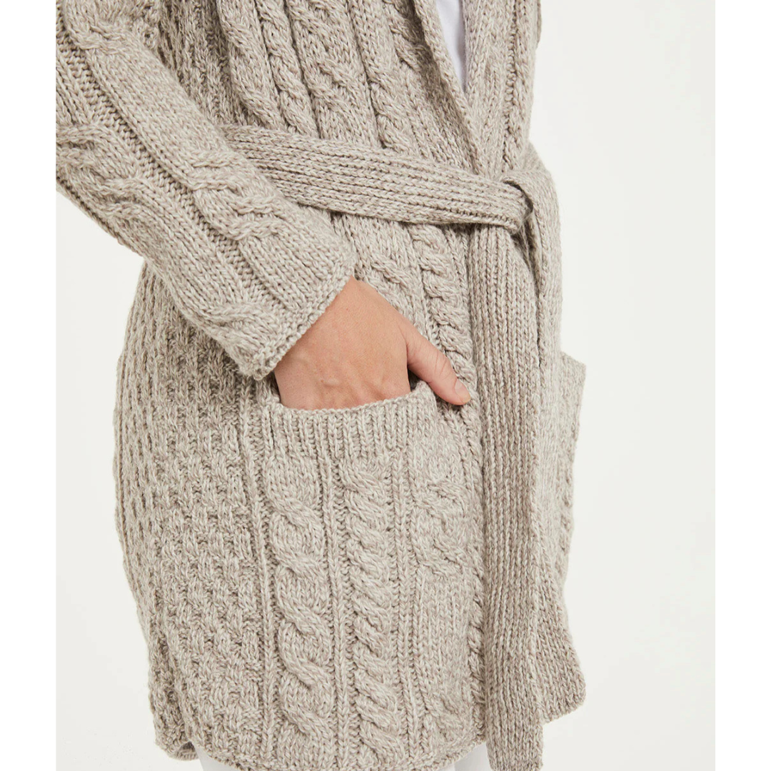 Ladies Aran Shawl Neck Belted Oatmeal Cardigan