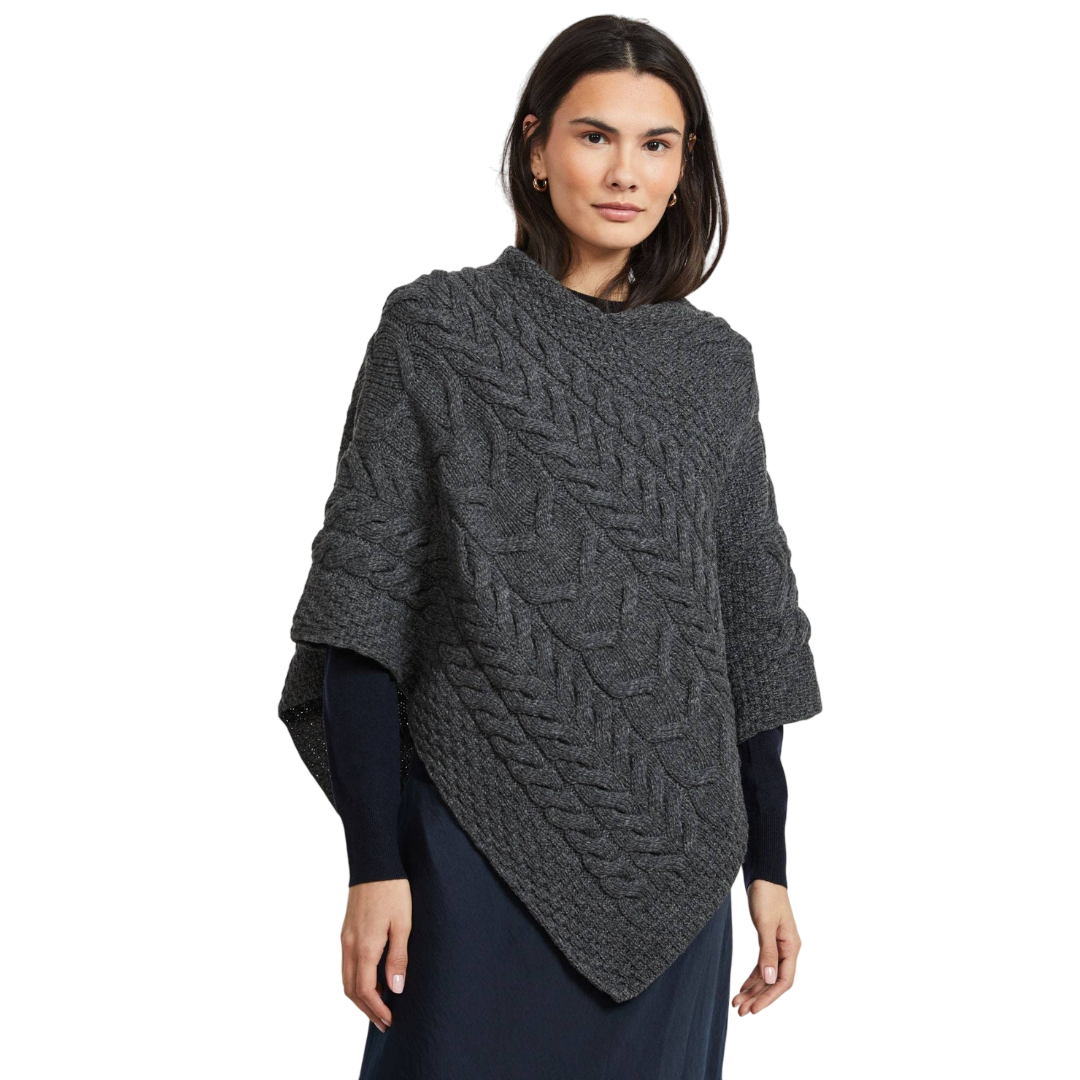 Ladies Aran Cable Knit Triangular Charcoal Poncho