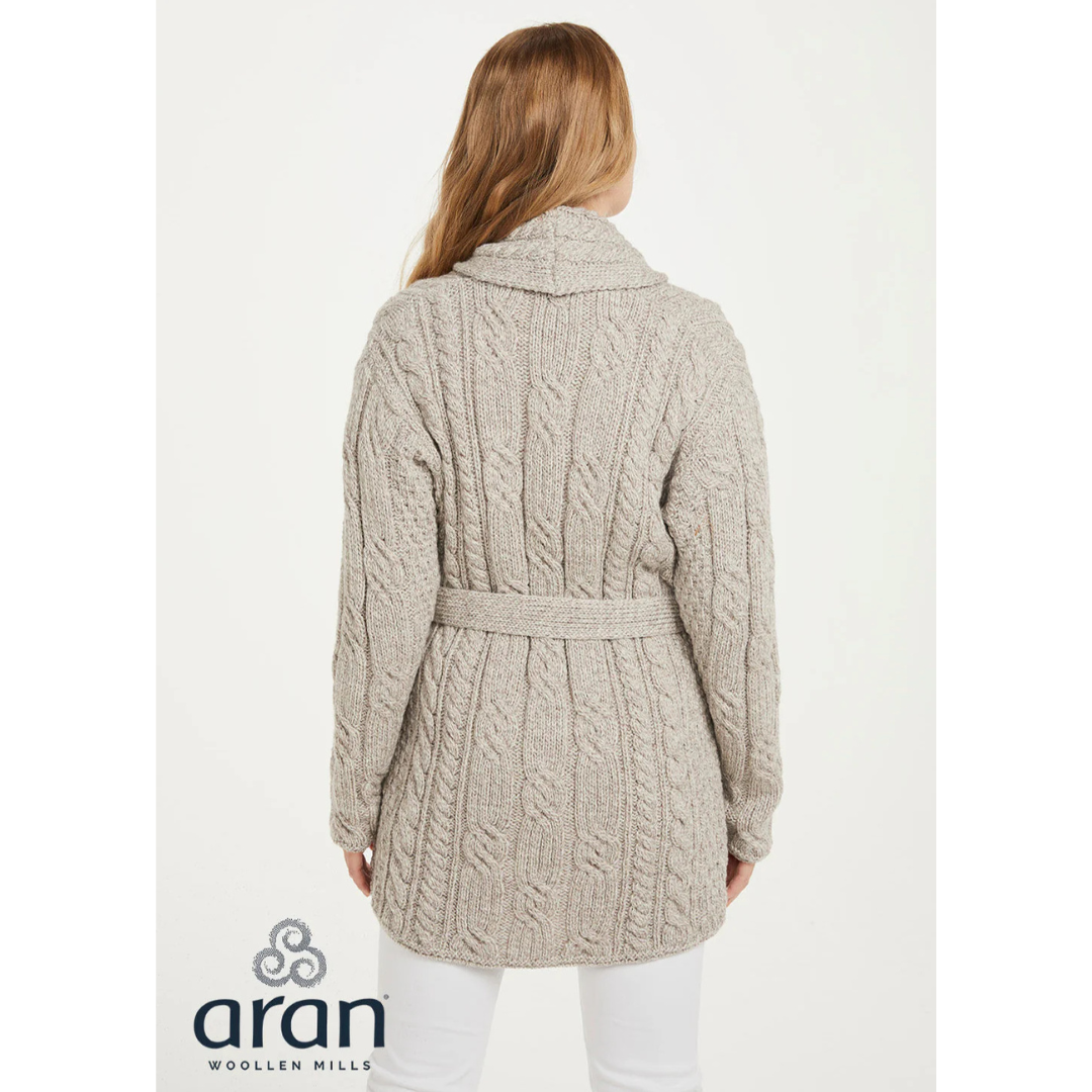 Ladies Aran Shawl Neck Belted Oatmeal Cardigan