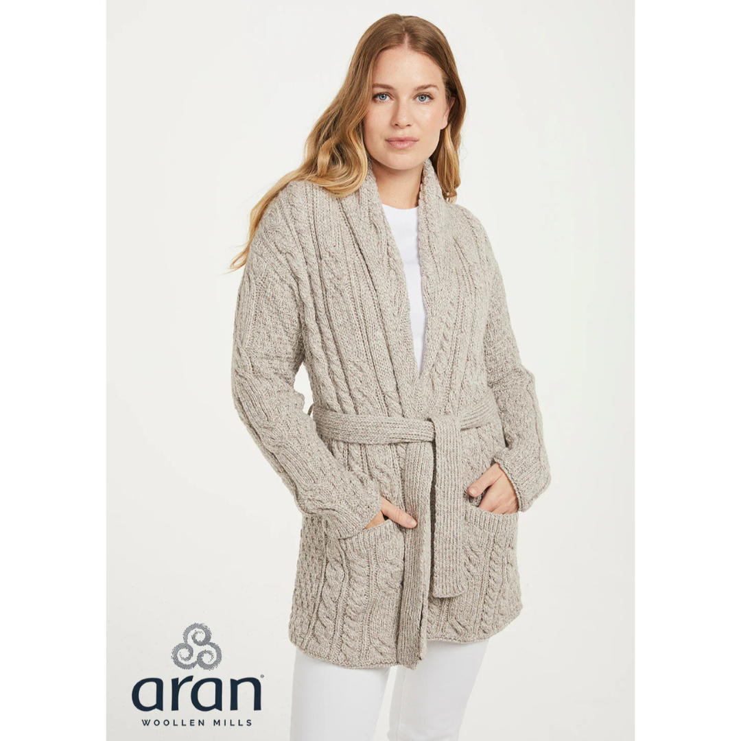Ladies Aran Shawl Neck Belted Oatmeal Cardigan
