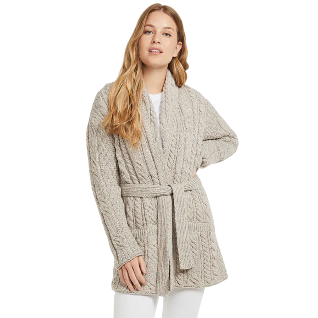 Ladies Aran Shawl Neck Belted Oatmeal Cardigan