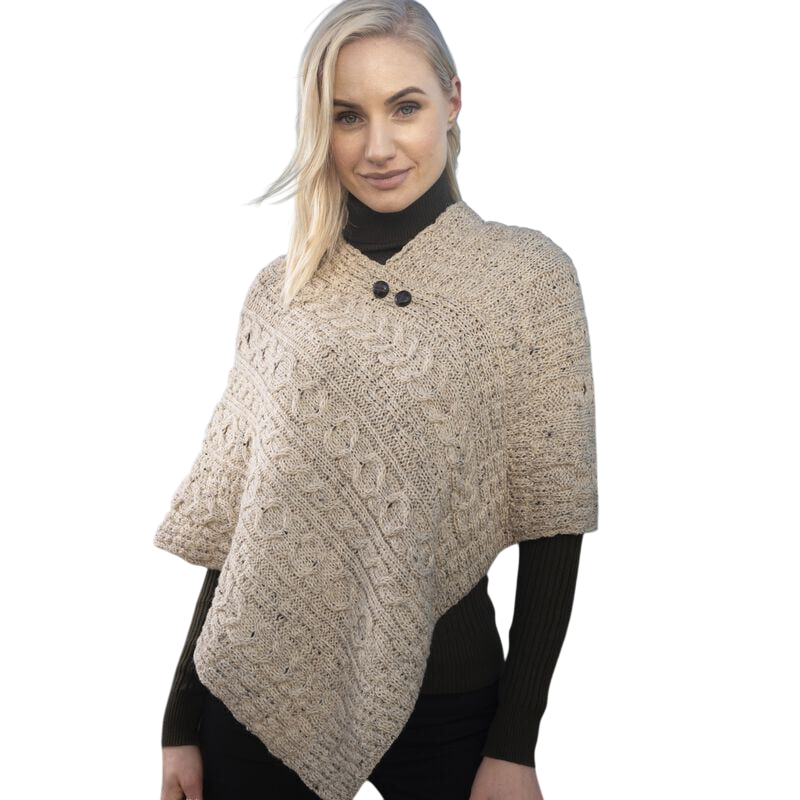Ladies Aran With Button Detail Oatmeal Poncho
