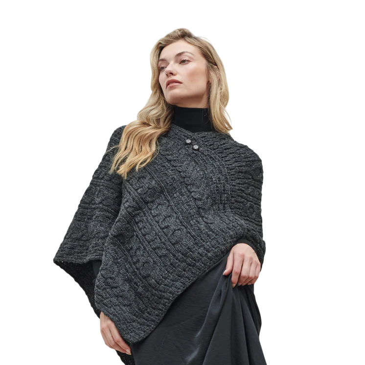 Ladies Aran Knit Charcoal Poncho