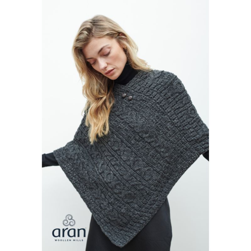 Ladies Aran Poncho With Button Detail Charcoal
