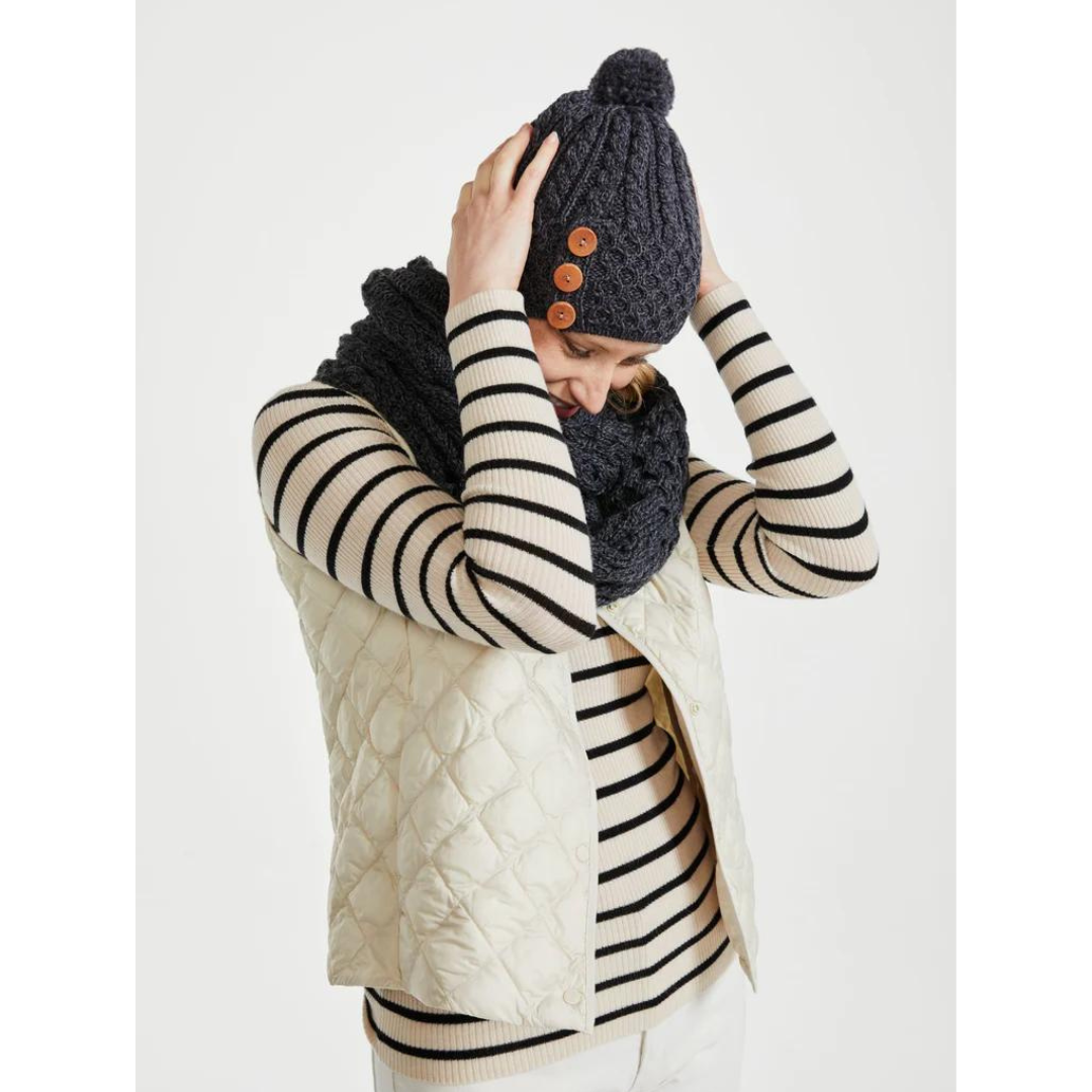 Person wearing a dark knit hat with buttons and matching scarf