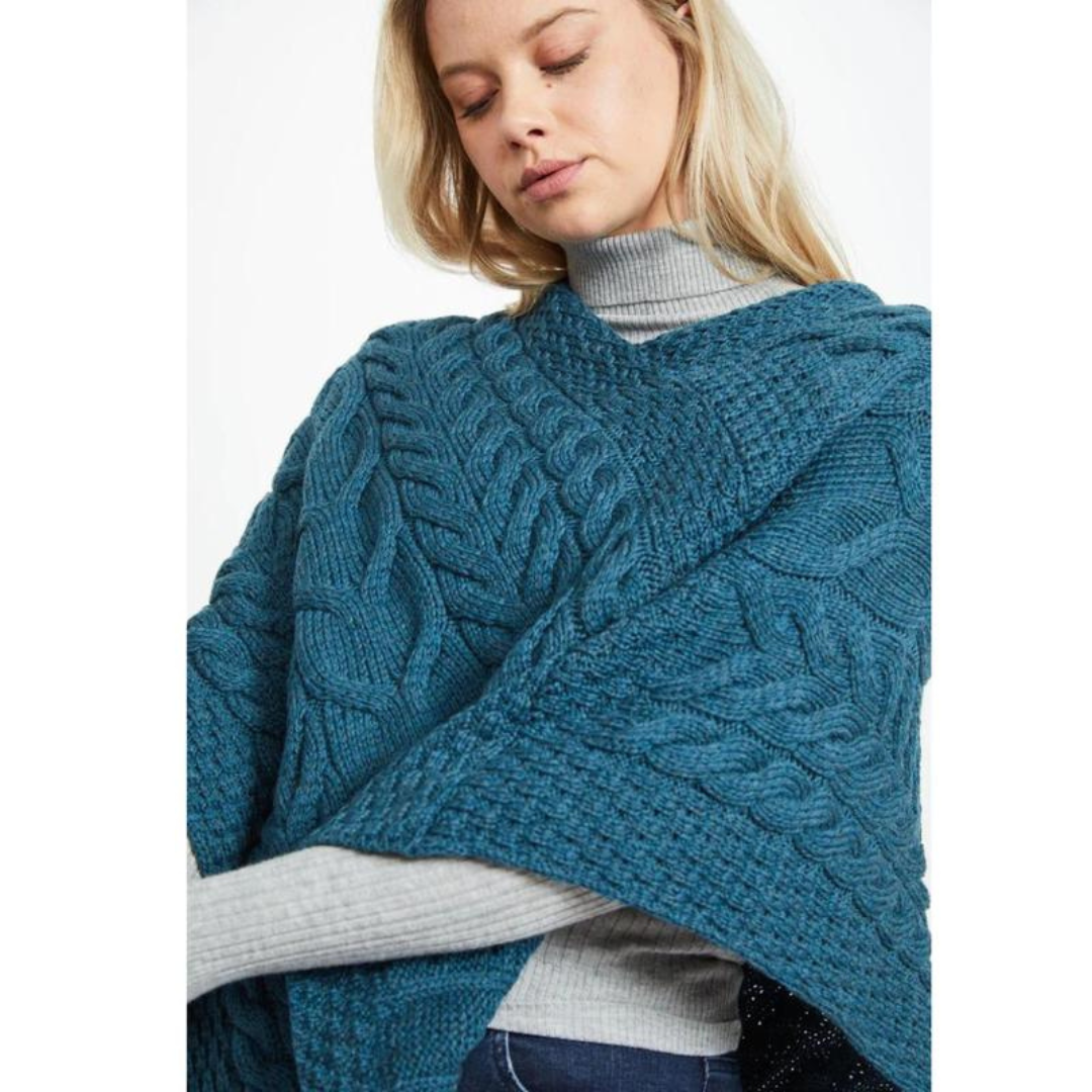 Ladies Aran Cable Knit Triangular Teal Poncho
