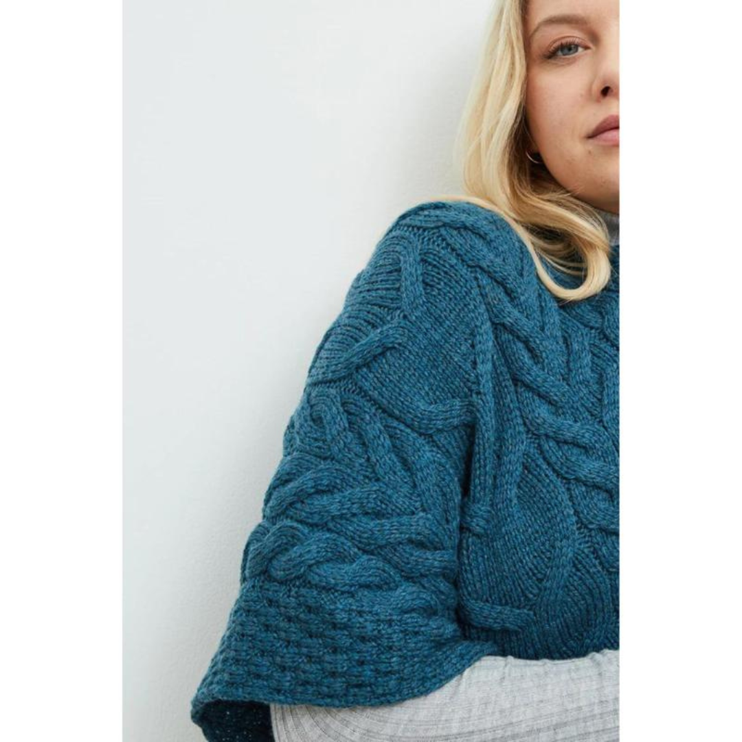 Ladies Aran Cable Knit Triangular Teal Poncho