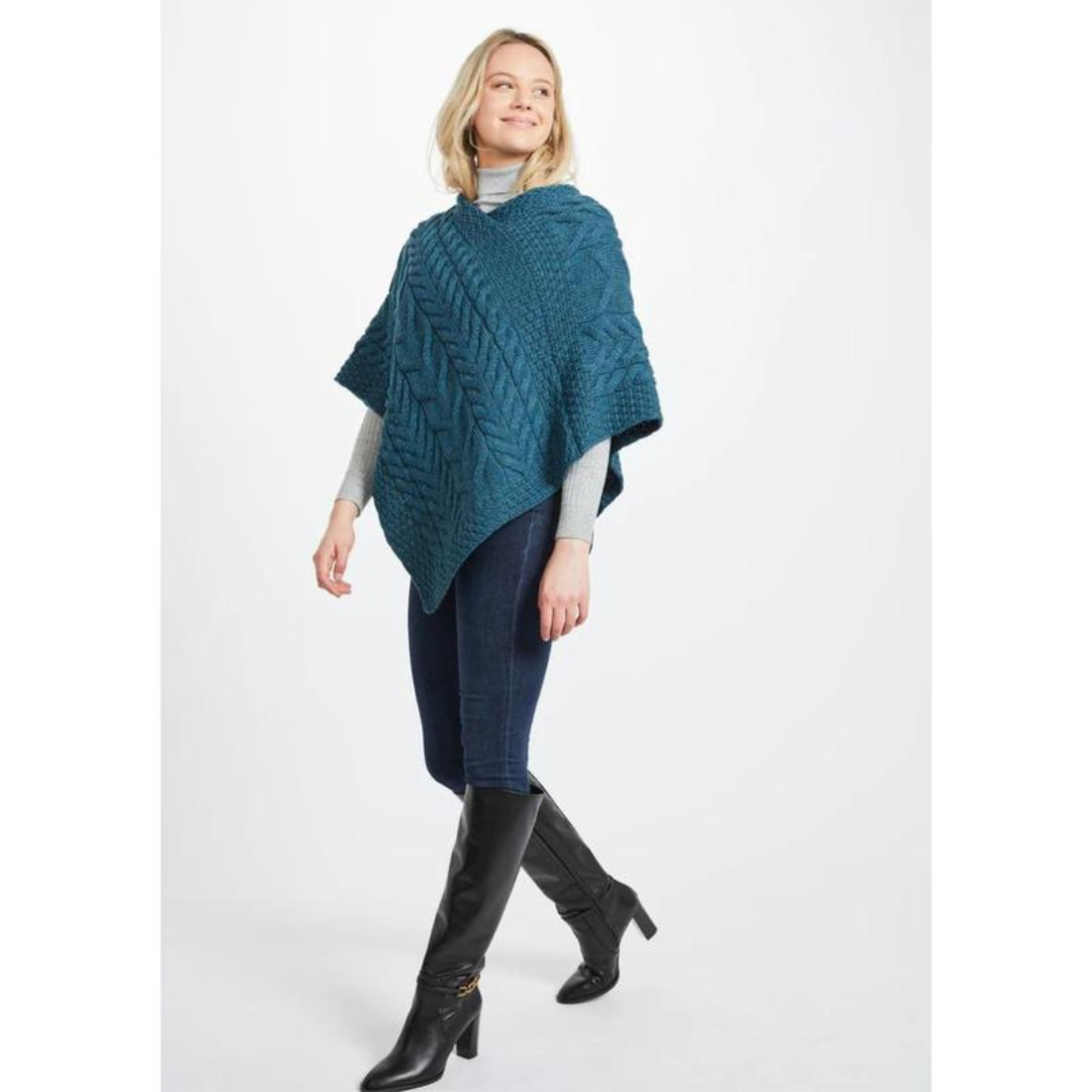 Ladies Aran Cable Knit Triangular Teal Poncho