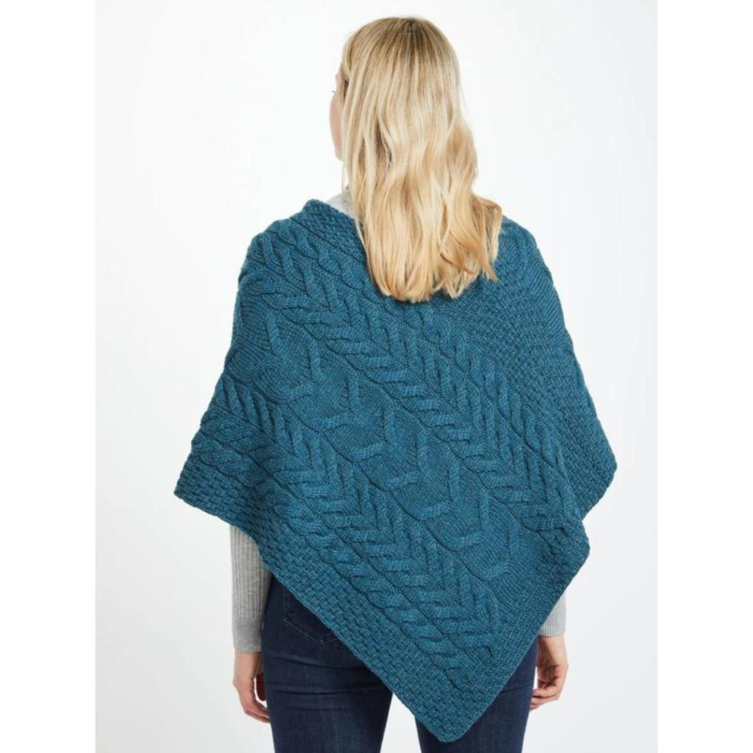 Ladies Aran Cable Knit Triangular Teal Poncho