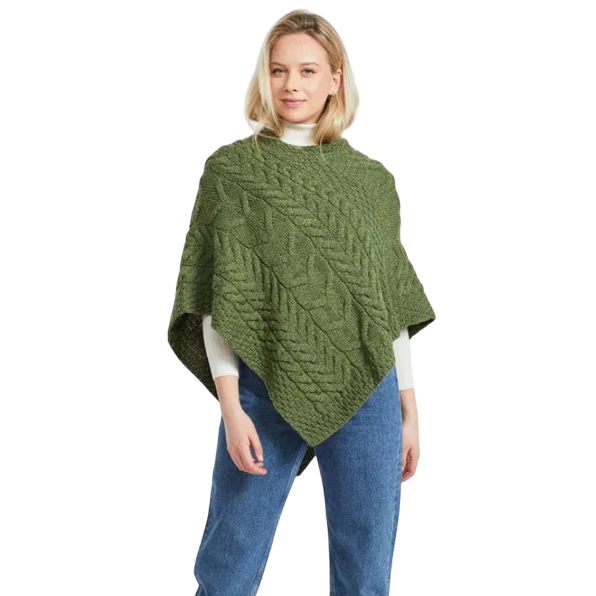 Ladies Aran Cable Knit Triangular Poncho Green