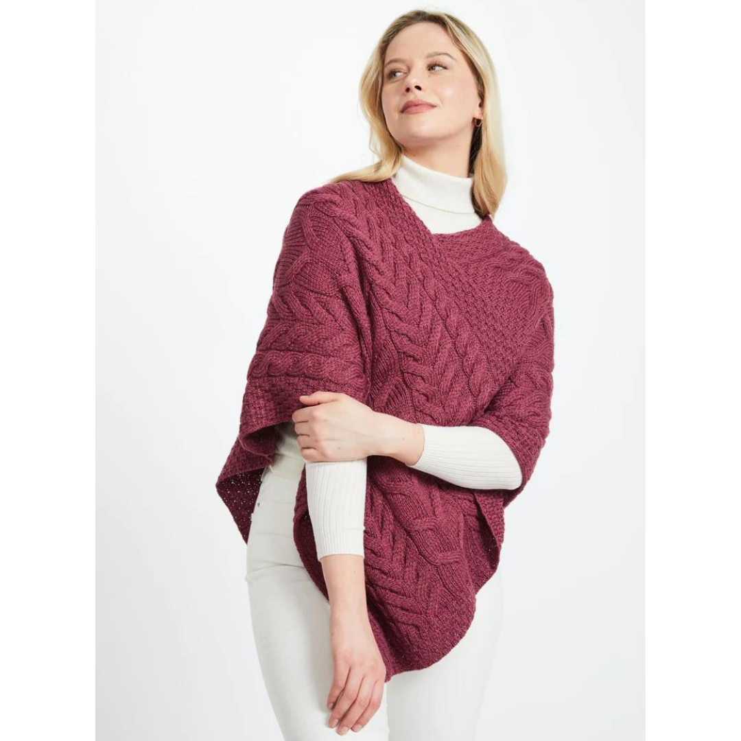 Ladies Aran Cable Knit Triangular Raspberry Poncho