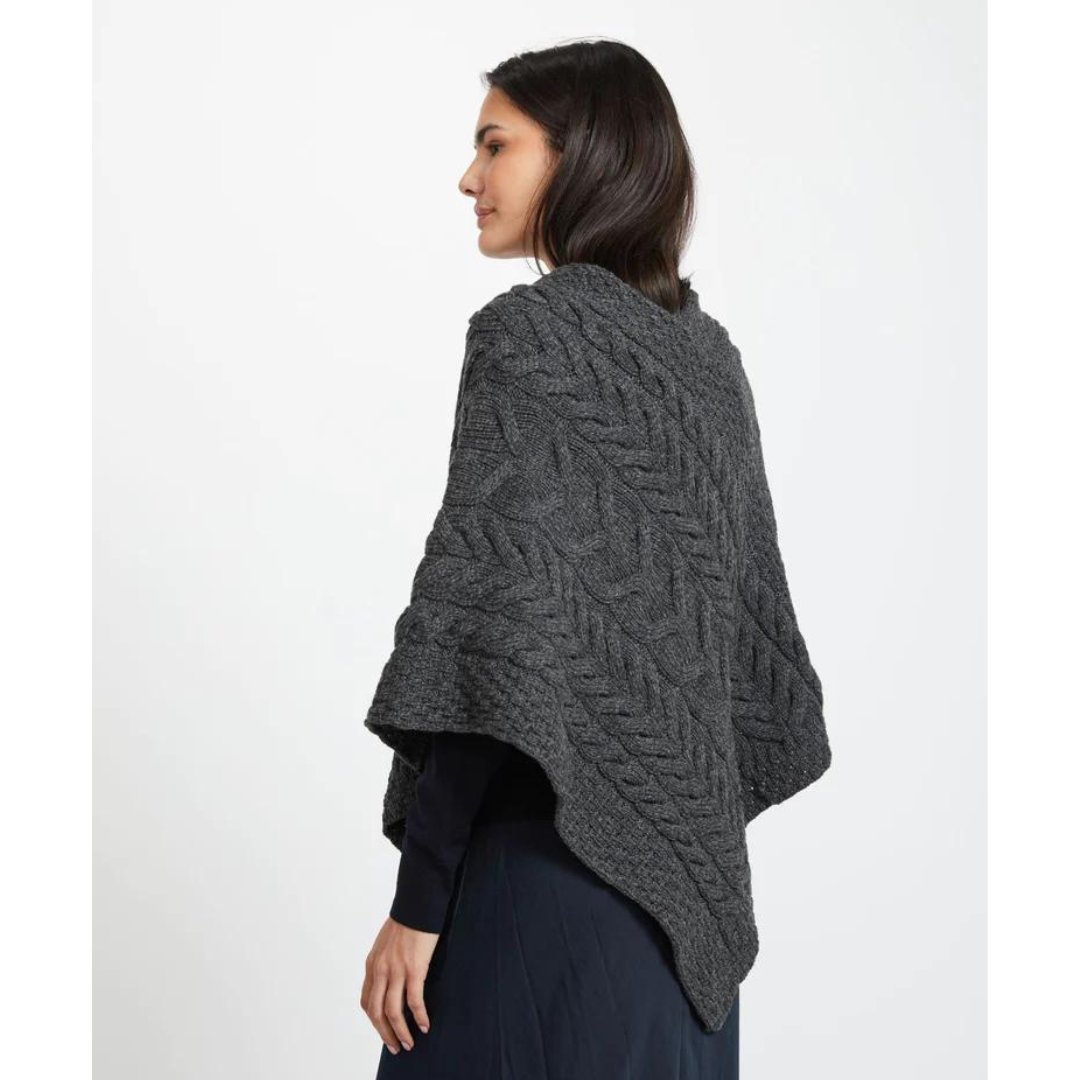 Ladies Aran Cable Knit Triangular Charcoal Poncho