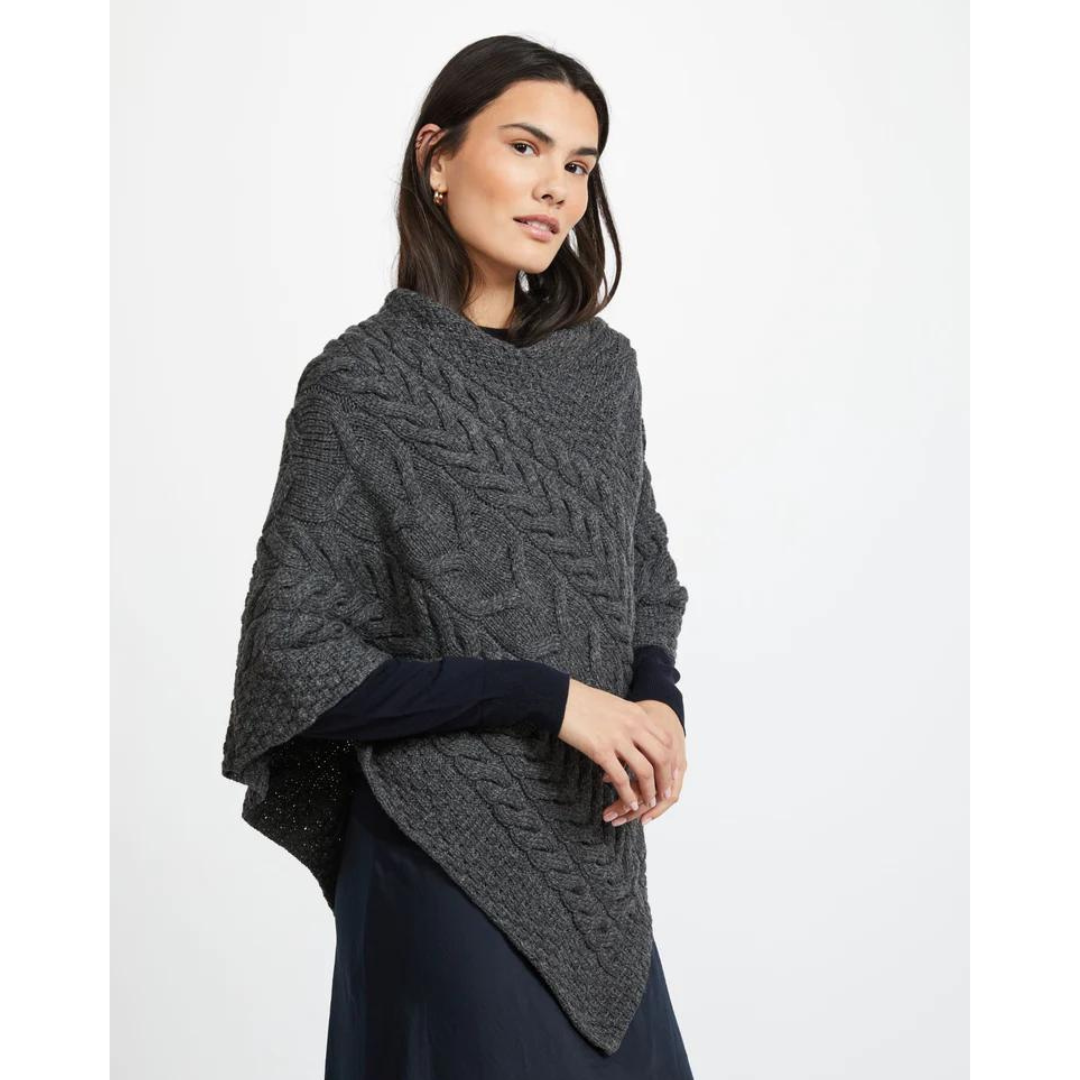 Ladies Aran Cable Knit Triangular Charcoal Poncho