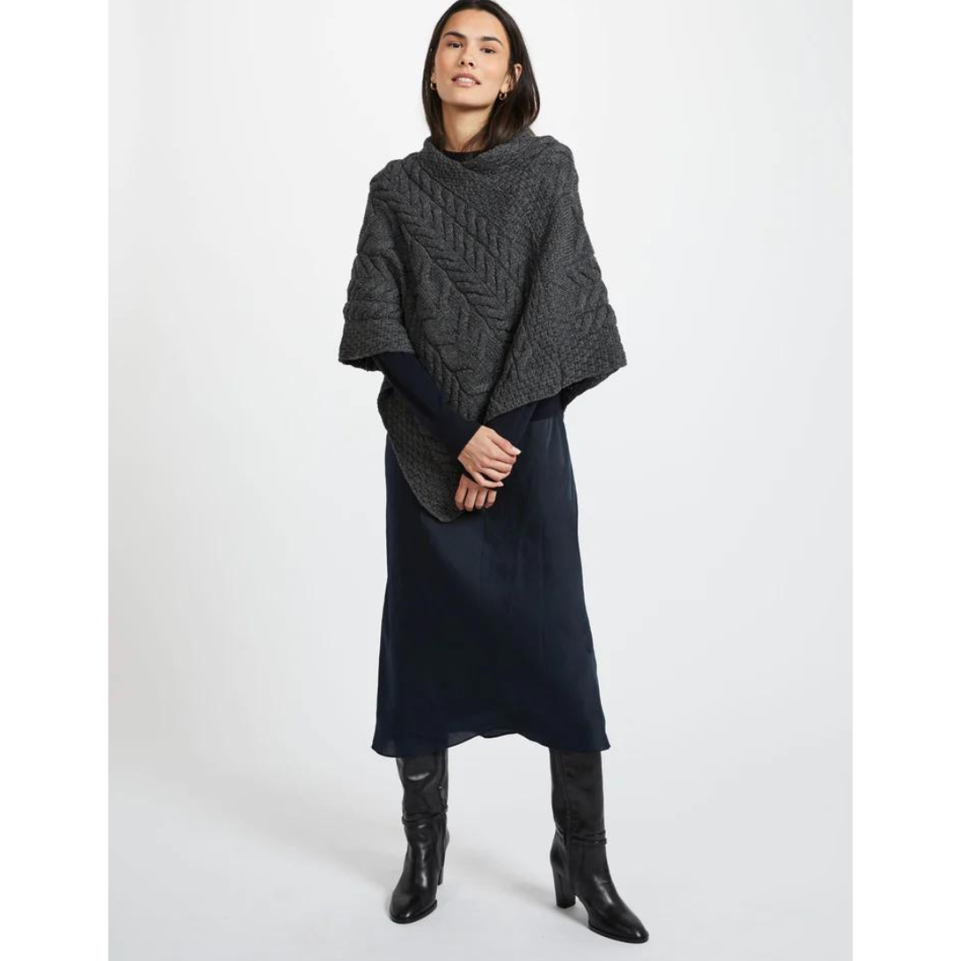 Ladies Aran Cable Knit Triangular Charcoal Poncho