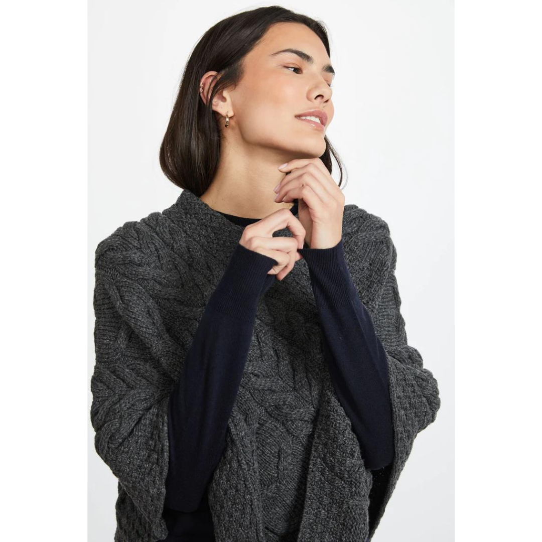 Ladies Aran Cable Knit Triangular Charcoal Poncho