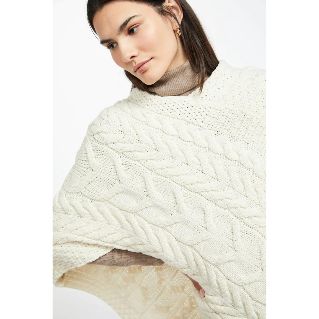 Ladies Aran Cable Knit Triangular Natural Poncho