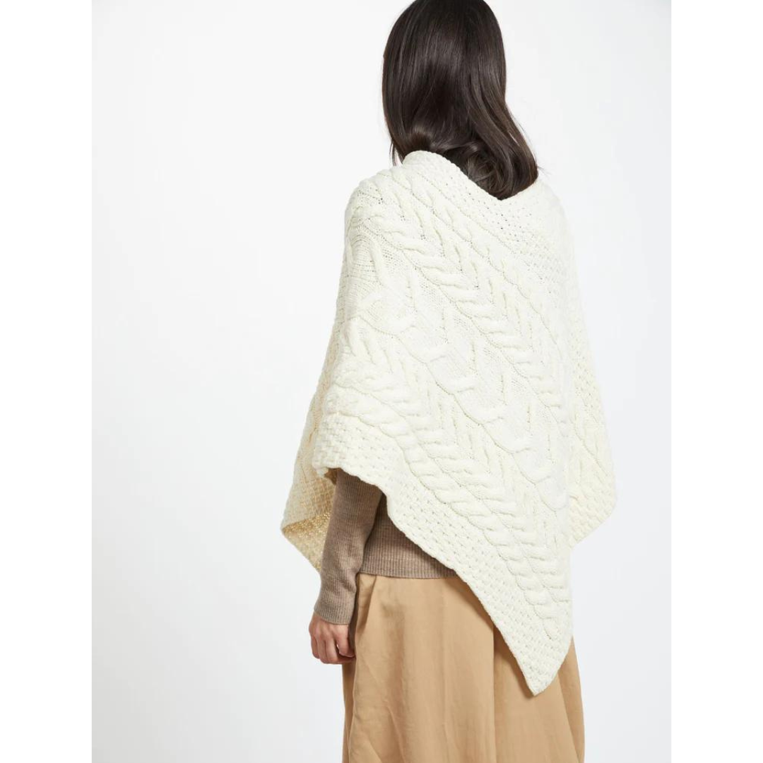 Ladies Aran Cable Knit Triangular Natural Poncho