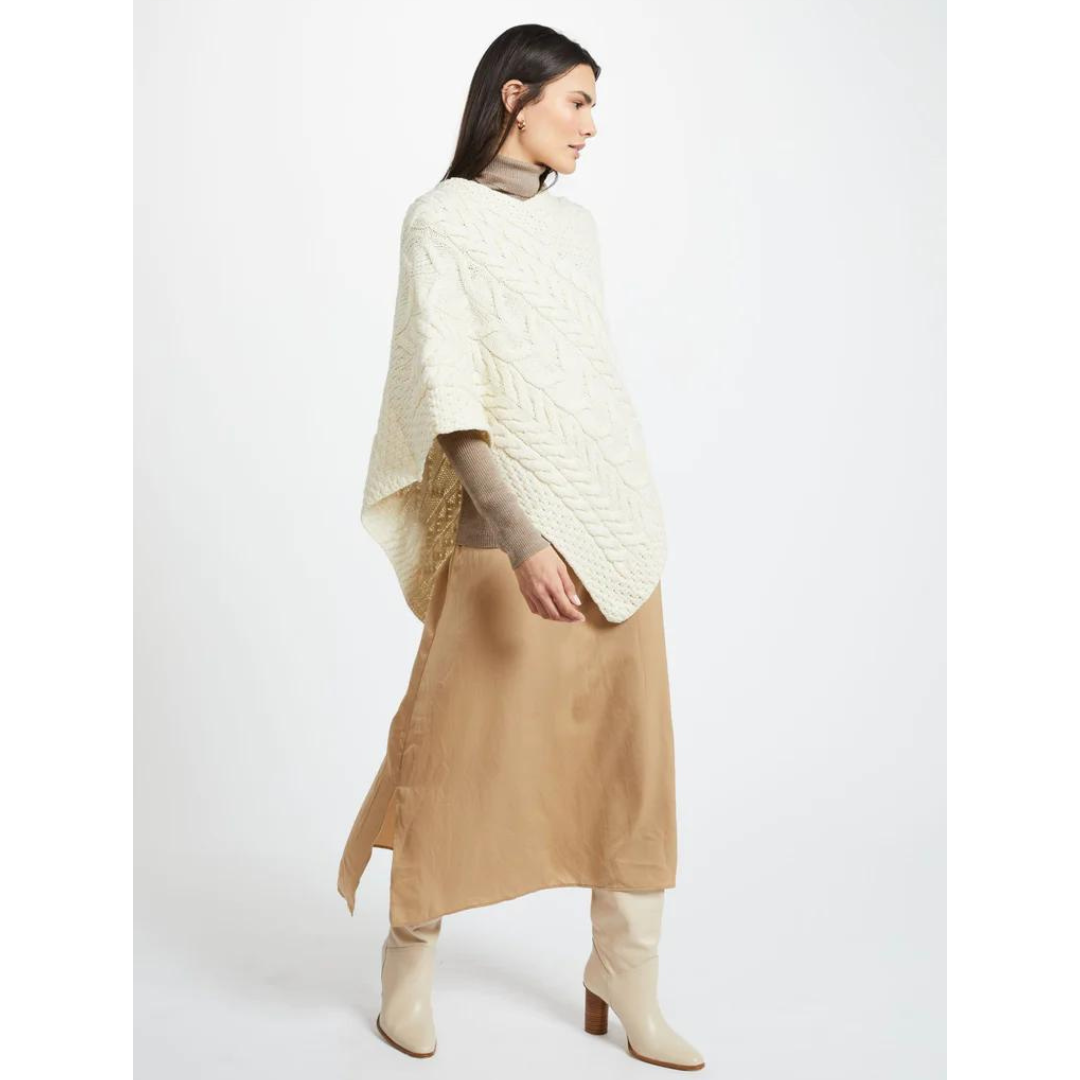 Ladies Aran Cable Knit Triangular Natural Poncho