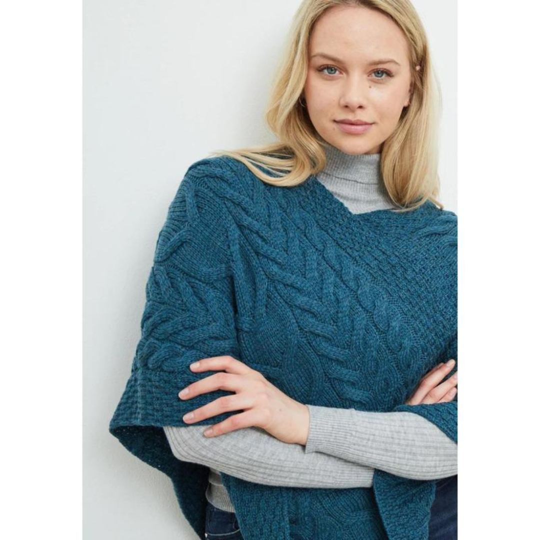 Ladies Aran Cable Knit Triangular Teal Poncho