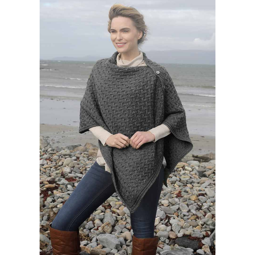 Ladies Aran Buttoned 3 Ways Charcoal Poncho