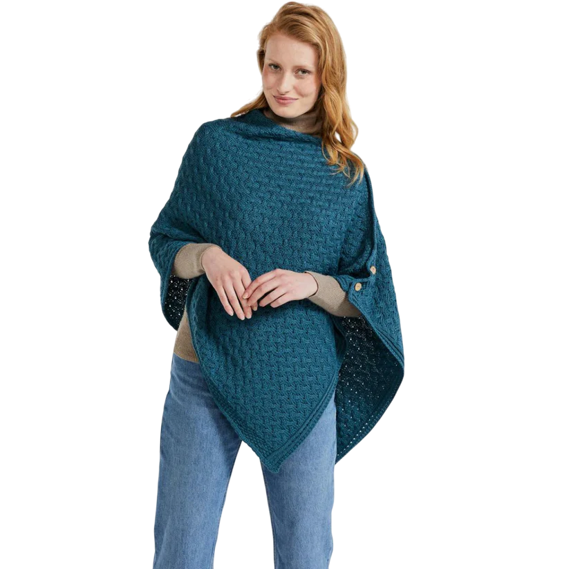 Ladies Aran Super Soft Merino Teal Poncho