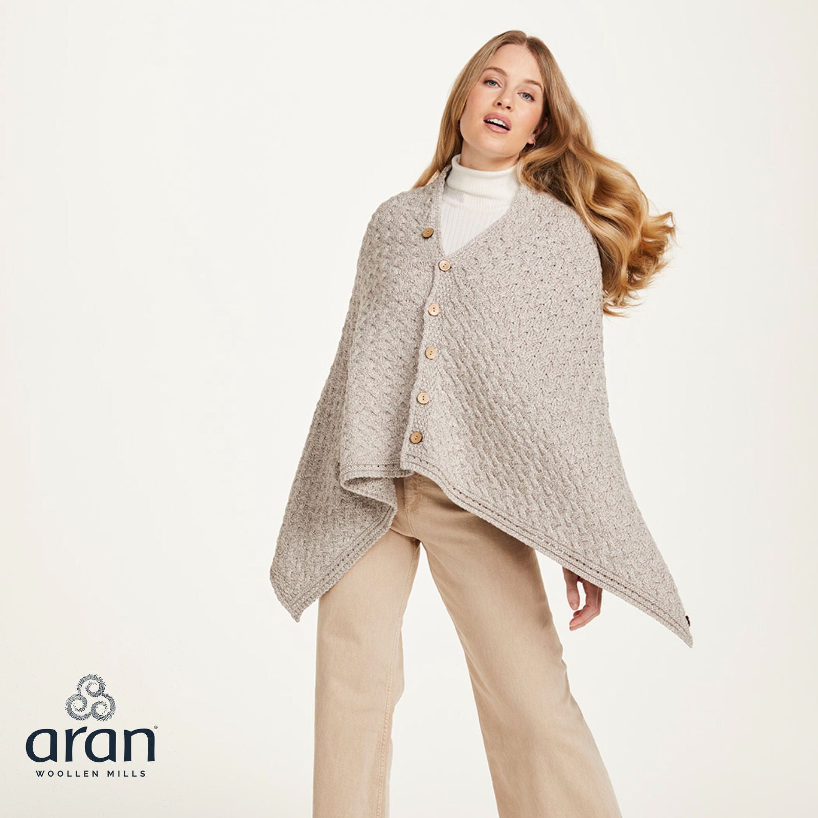 Ladies Aran Super Soft Merino Oatmeal Poncho