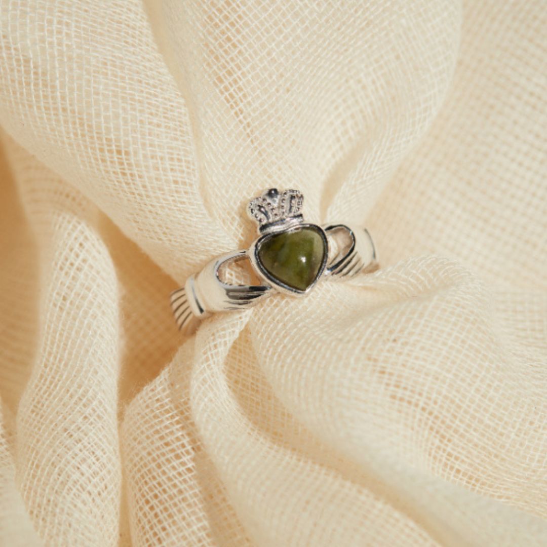 Ladies Hallmarked Sterling Silver Claddagh Ring With Connemara Marble Stone