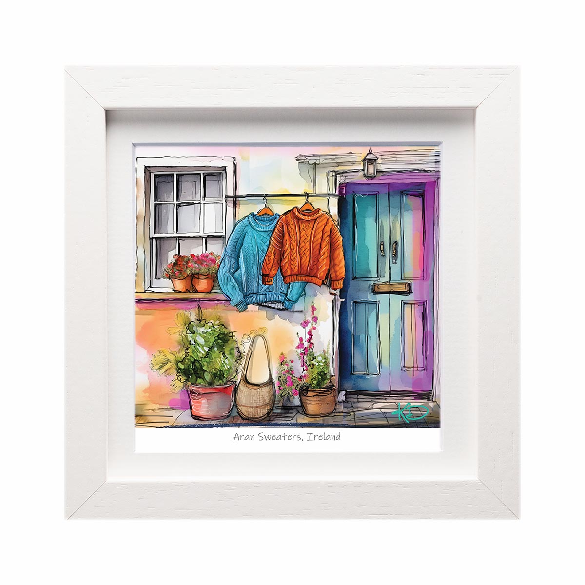 Aran Sweaters Ireland print with blue and orange sweaters hanging on a line beside a colorful cottage