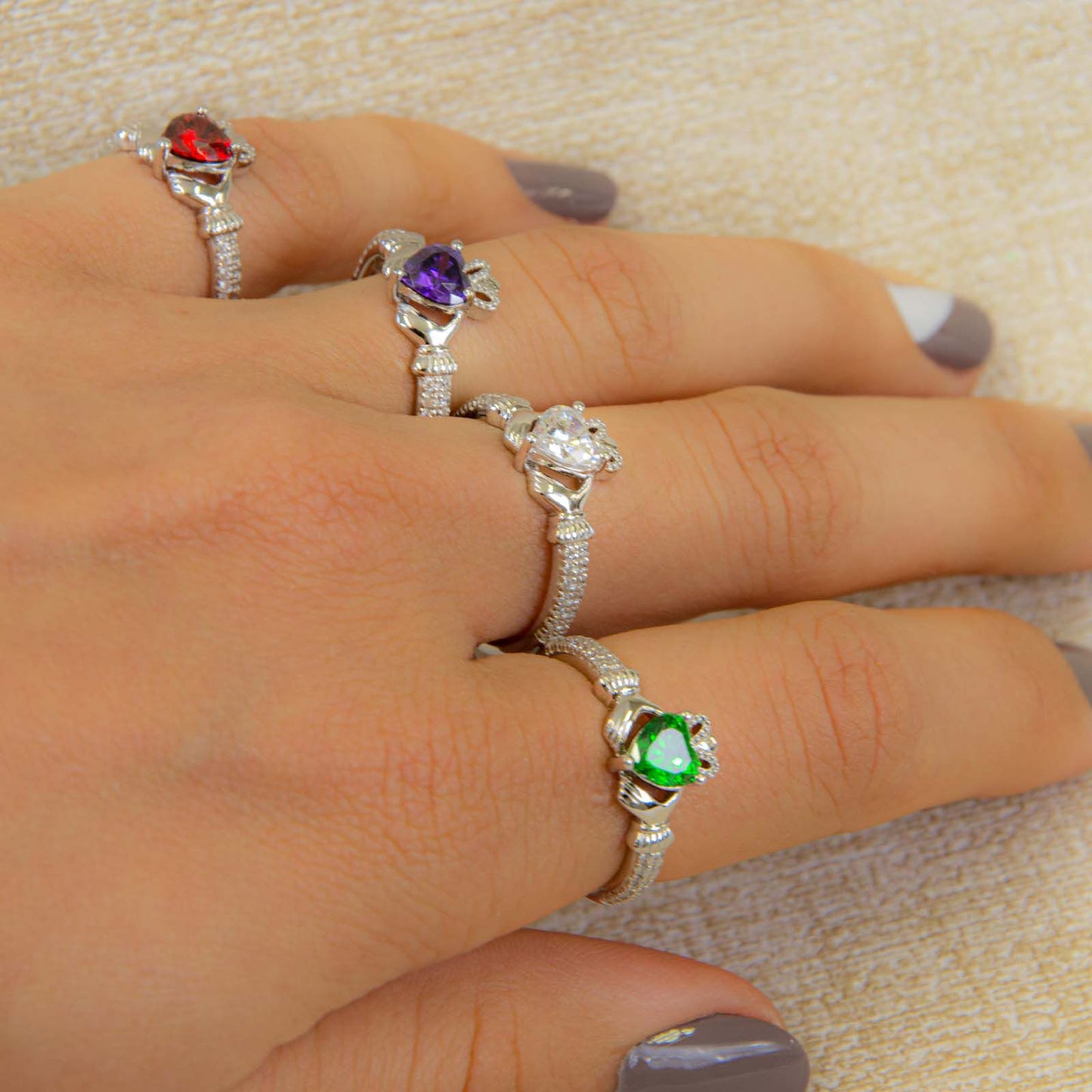 Platinum Plated Claddagh February Birthstone Ring