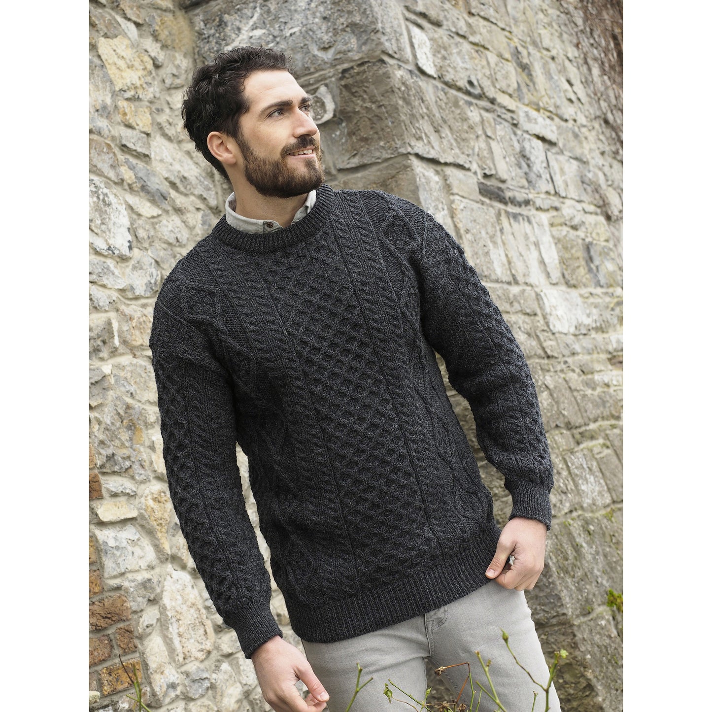 Men's Aran Crew Neck Charcoal Sweater