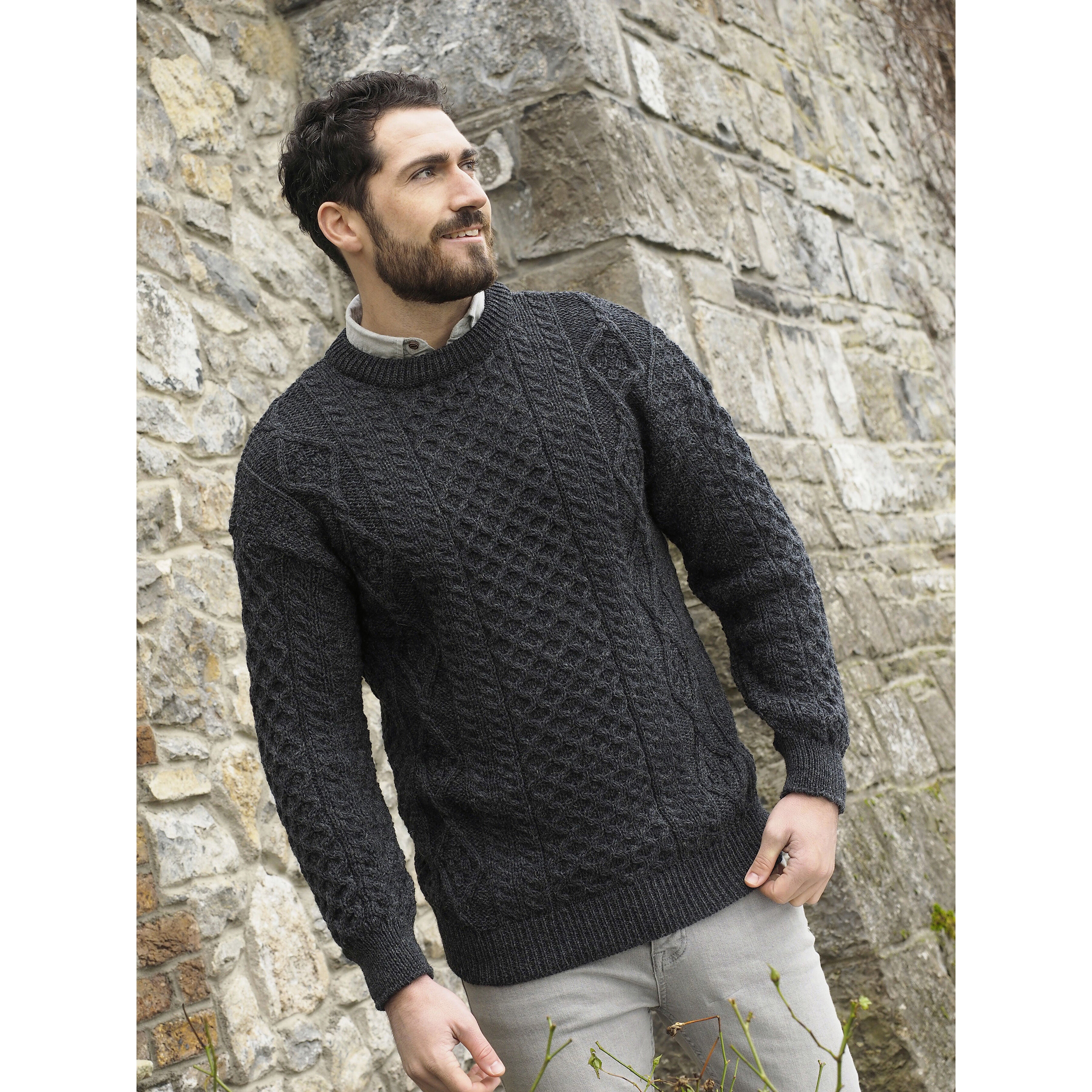 Men's Aran Crew Neck Charcoal Sweater