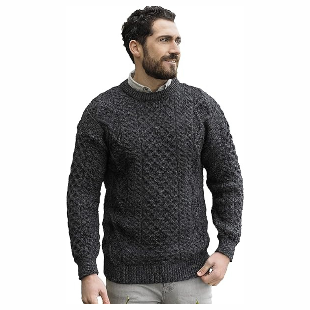 Men's Aran Crew Neck Charcoal Sweater