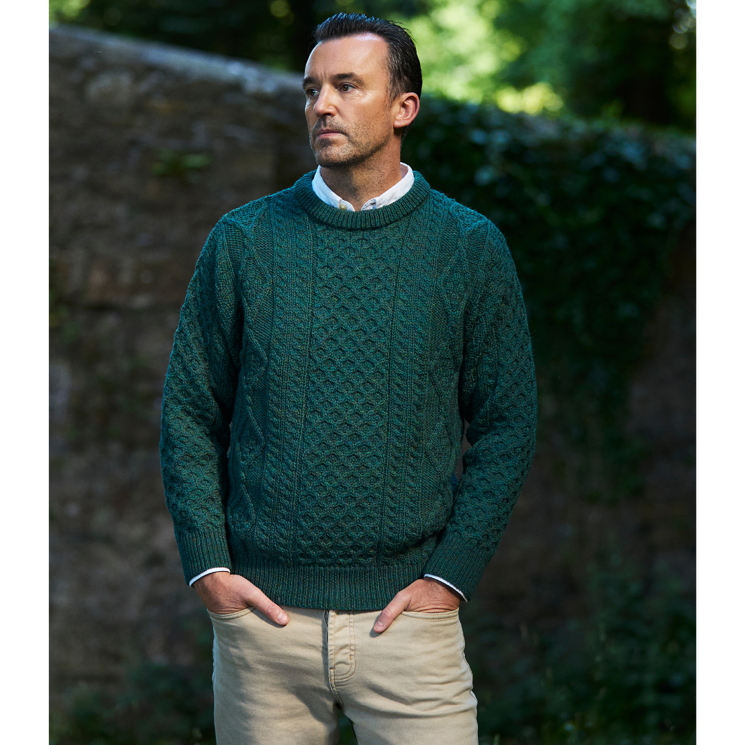 Men's Aran Cable Knit Crew Neck Moss Green Jumper