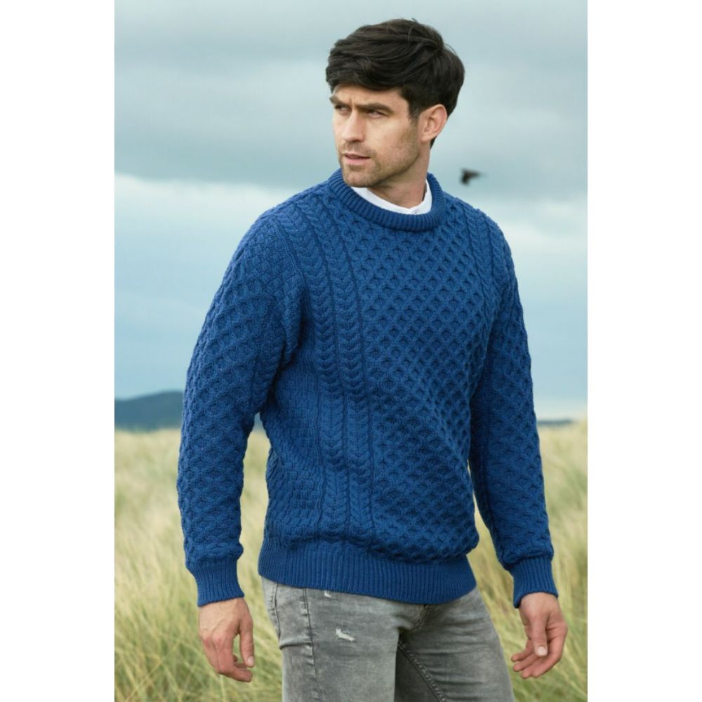 Men's Cable Knitted Aran Crew Neck Blue Jumper