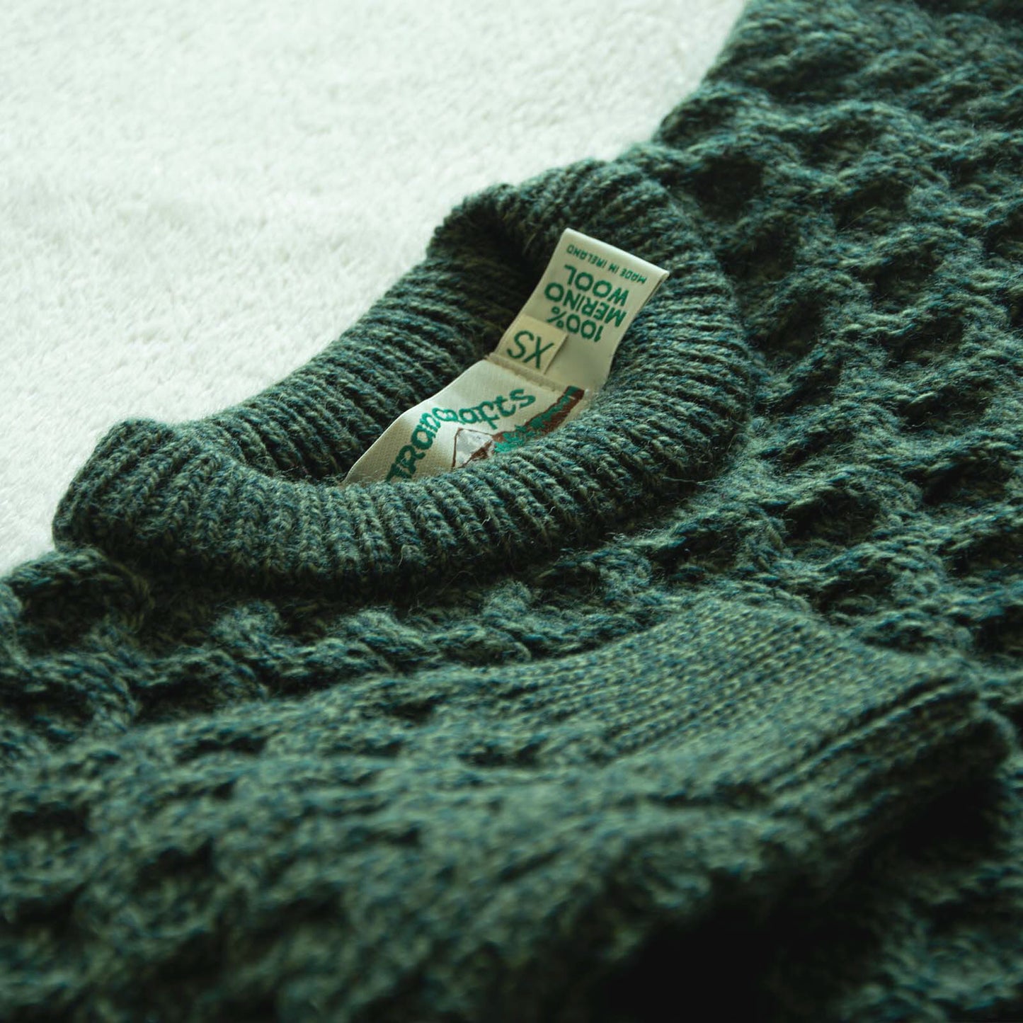 Men's Merino Wool Aran Crew Neck Green Jumper