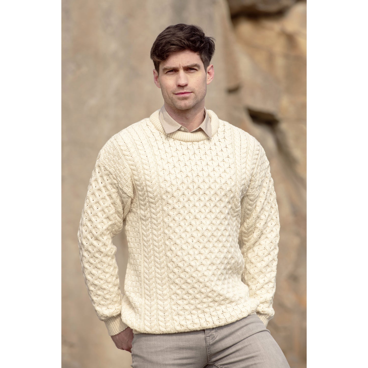 Unisex Irish Cable Knitted Crew Neck Natural Jumper