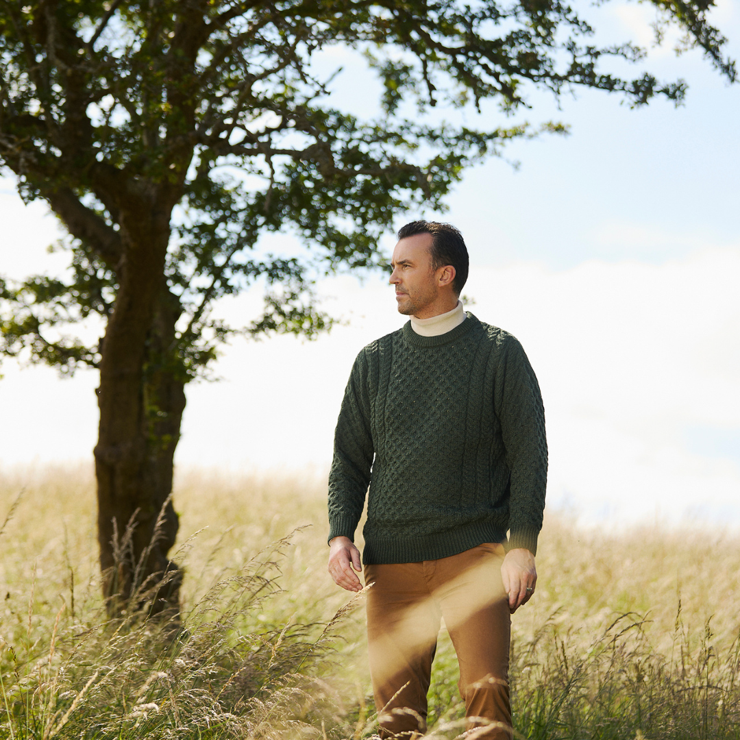 Men's Merino Wool Aran Crew Neck Green Jumper