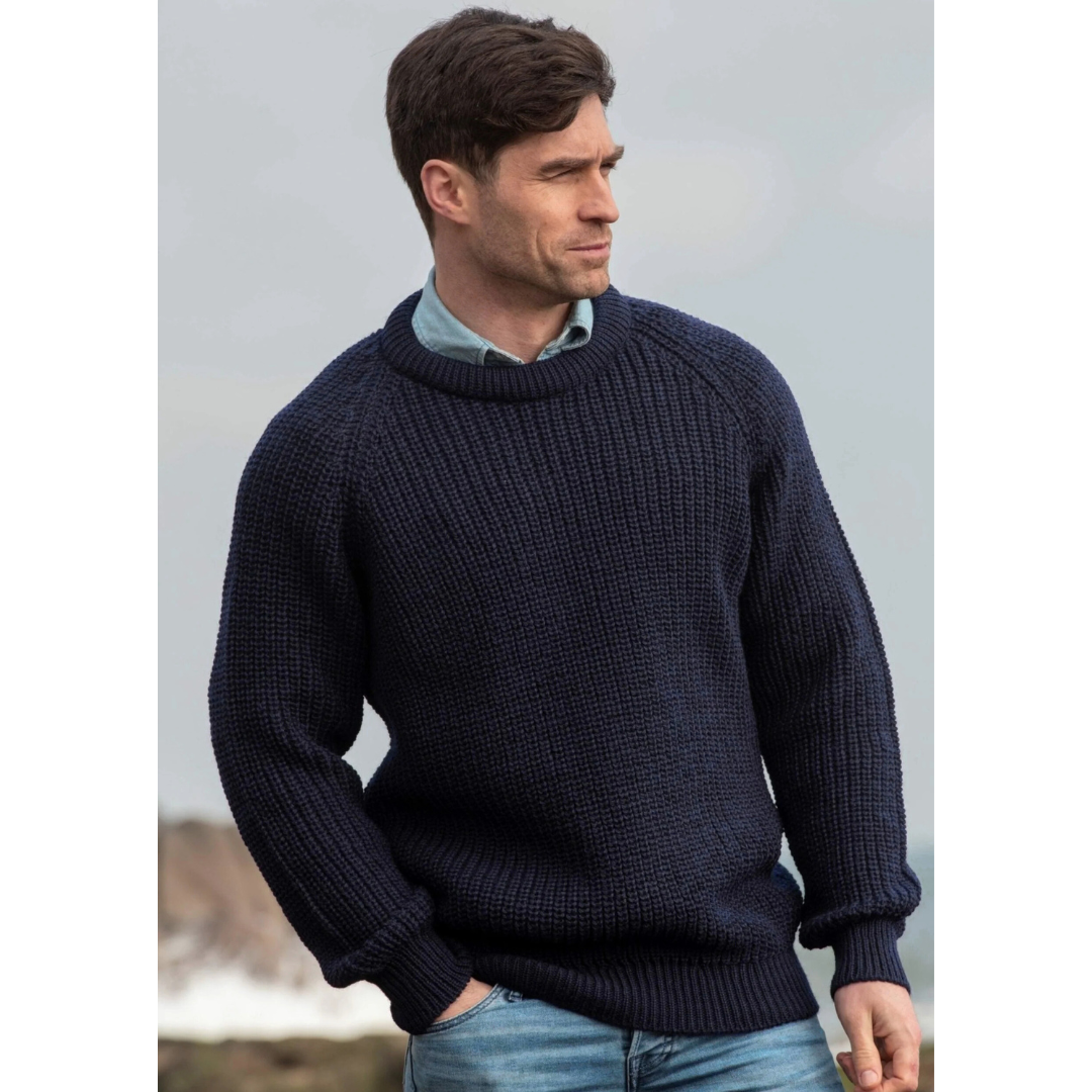 Men's Fisherman Ribbed Aran Navy Jumper