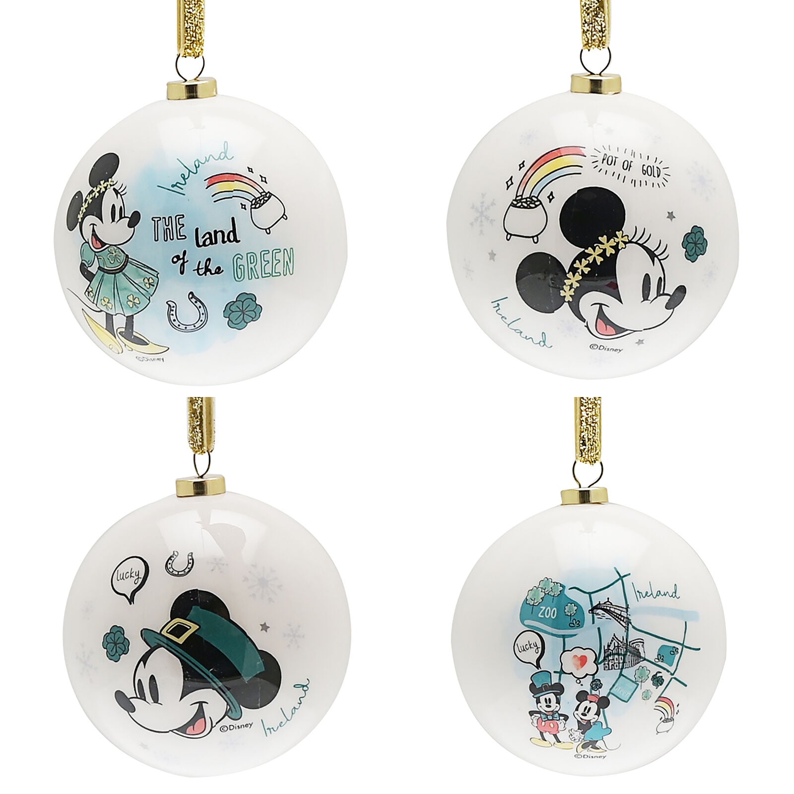 Disney Set Of 4 Irish Mickey & Minnie Baubles