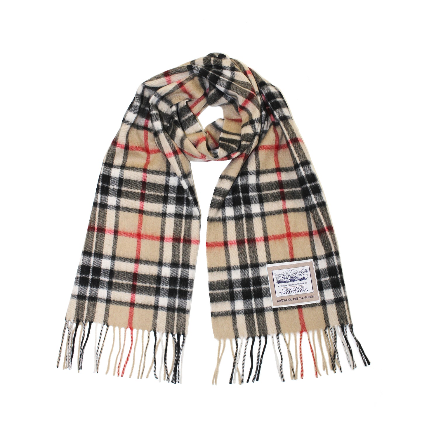 Carrolls Irish Designs Wool Scarf With Beige Black Red and White Design