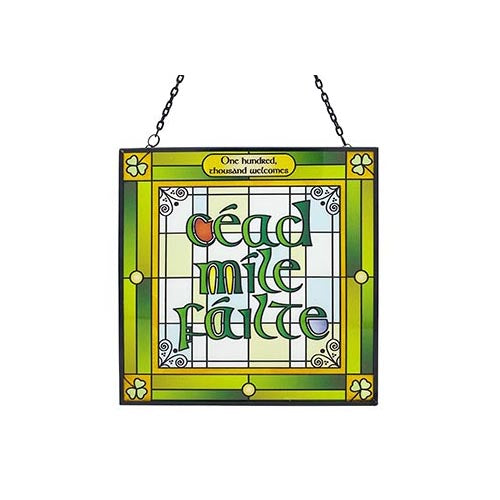 Square stained glass Celtic plaque with Cead Mile Failte lettering green and yellow border and hanging chains