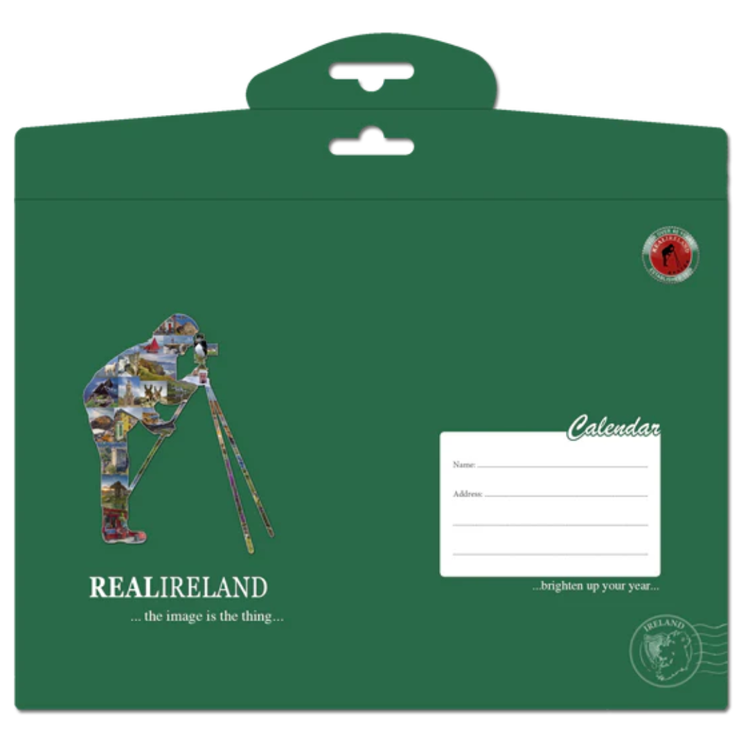 Green calendar cover with photographer silhouette made of Irish landscape photos