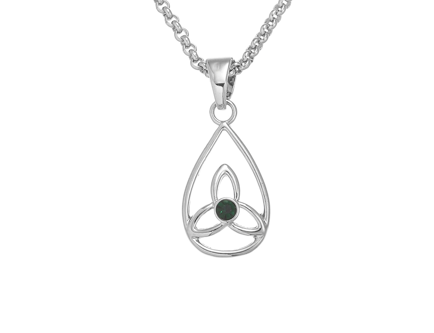 Trinity Knot In Teardrop Design Green Stone Pendant
