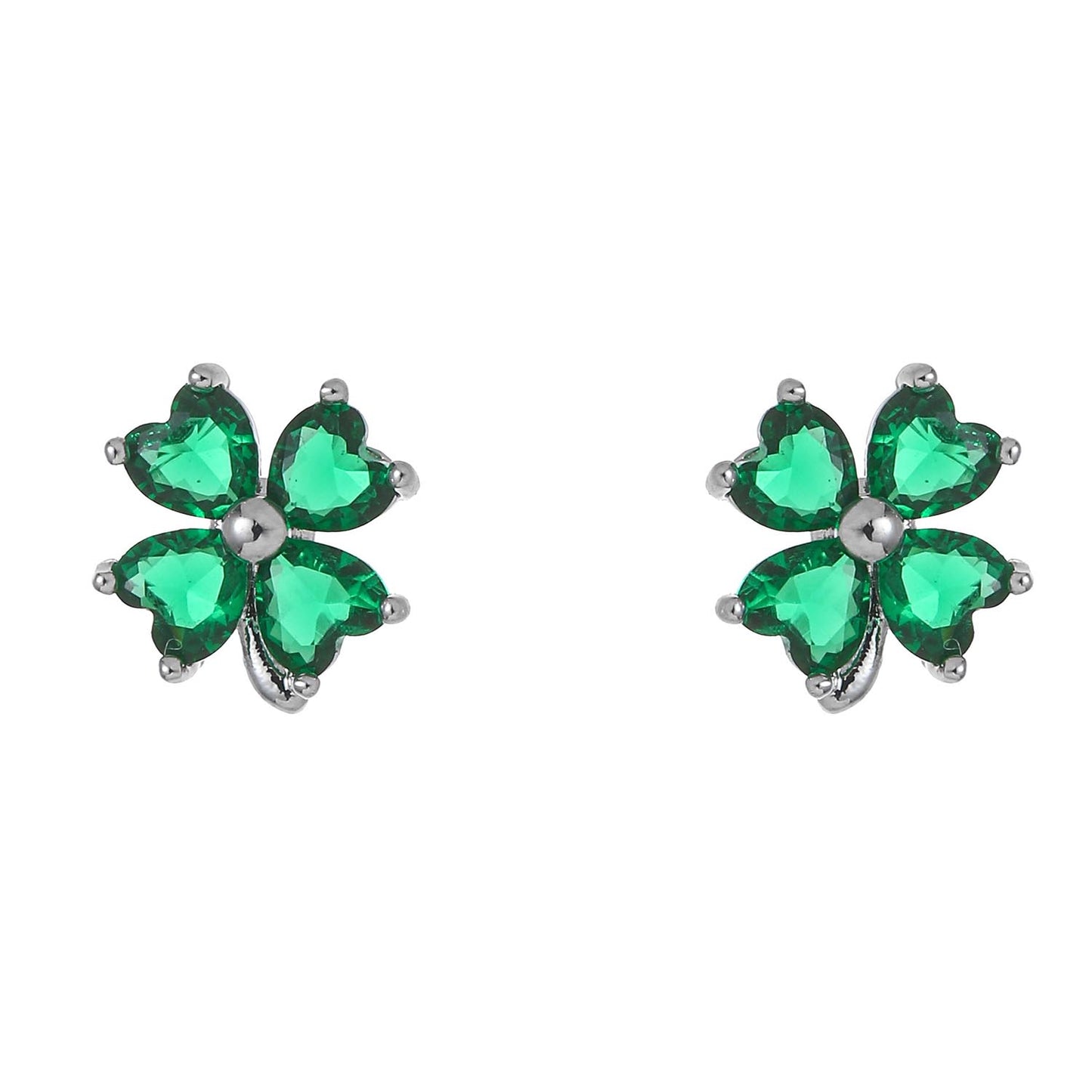 Silver plated shamrock stud earrings with four green heart shaped stones.