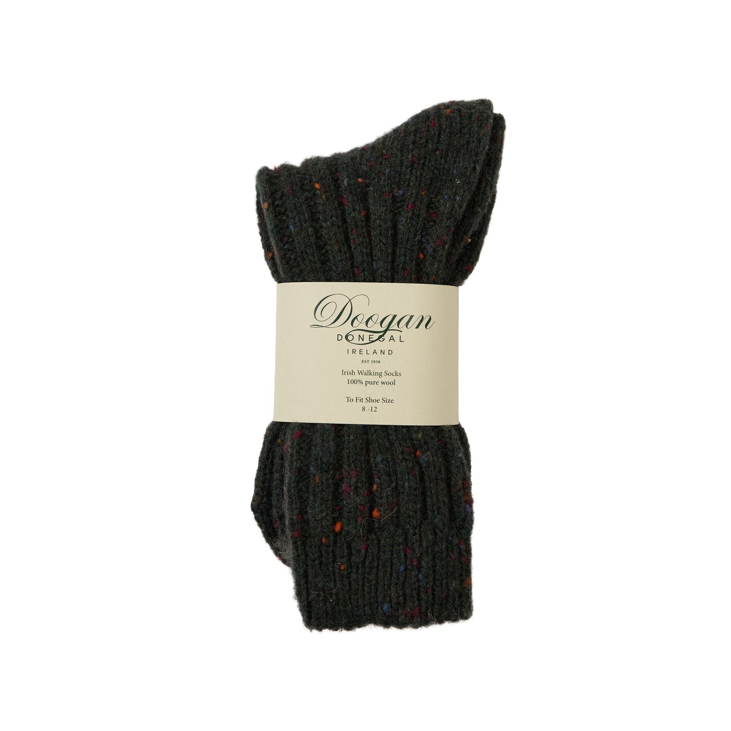 Dark green flecked wool sock with multicolored specks laid flat